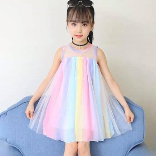 Toddler Kids Baby Girls Sleeveless Dress Ruffles Rainbow Beach Suspender Dress Newborn Baby Girl Mesh Dress Fashion Beach Dress