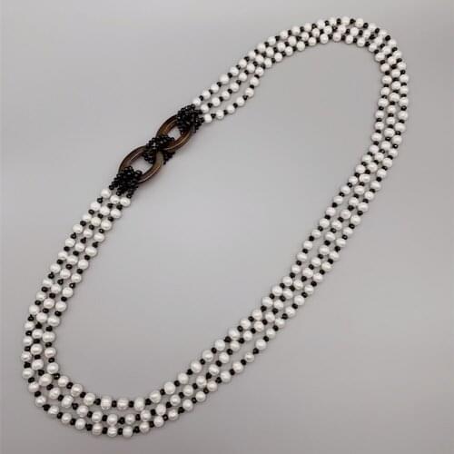 3 Strands 7-8mm White Freshwater Pearls Black Crystals FoLisaUnique Hollowed Oval Loop Onyx Long Necklace For Women Girls