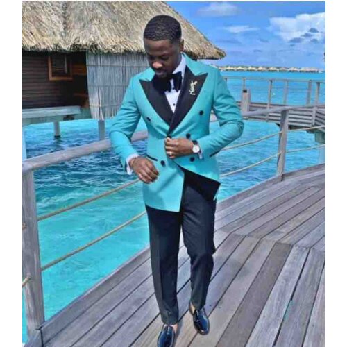 Double Breasted Teal Wedding Party Tuxedos Groom Prom Coat Trousers Set Men Work Business Suits (Jacket+Pants+Bow Tie) NO:500