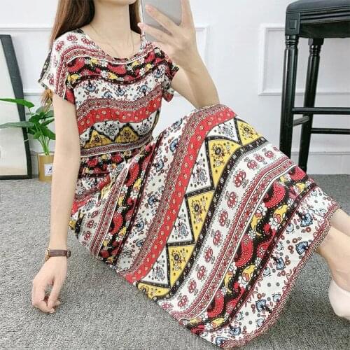 Cotton Print Dresses Plus Size Women Summer New Loose Casual Dresses Beach Women Short Sleeve O-Neck Dresses