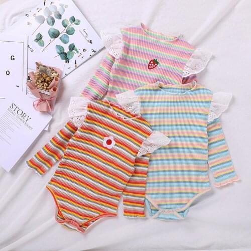 Newborn Baby Girls Bodysuits Flowers Wings Print Rainbow Striped Long Sleeve Cotton Jumpsuits