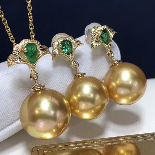 D407 Pearl Set Fine Jewelry Solid 18K Gold Natural 9-12mm Ocean Sea Golden Pearls Jewelry Sets for Women Fine Presents