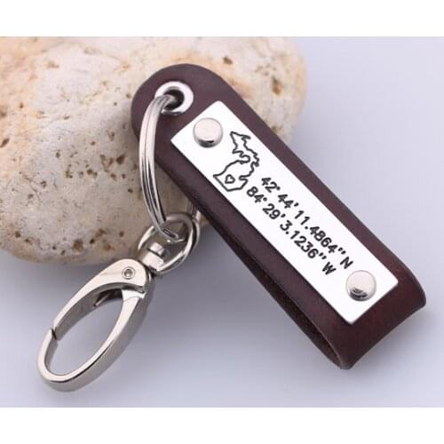 GPS Coordinate Leather keychain - State Map leather key chain - Michigan Keychain - Can be Made with any Countries or States