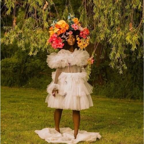 Pretty White A-line Midi Tulle Dresses Women 2020 Tiered Ruffles Knee Length Dress Girls See Thru Full Flare Sleeves