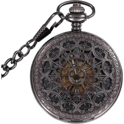 Luminous Skeleton Black Hollow Automatic Mechanical Pocket Watch Men Vintage Hand Wind Clock Necklace Pocket & Fob Watches Gifts
