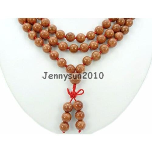 Natural Gold Sand 10mm Gems Stone Buddhist 108 Beads Prayer Mala Knot Necklace Multi-Purpose 5Strands/Pack