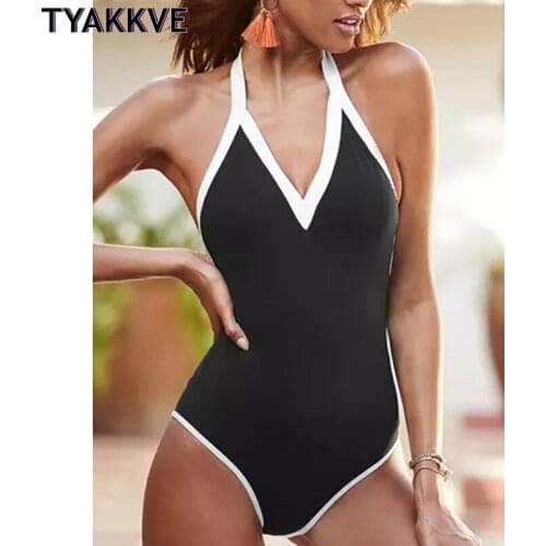 2020 New One Piece Swimsuit Sexy Halter Black Swimwear Women Bathing Suit Beach Backless Monokini Swimsuit Plus Size Female XXL