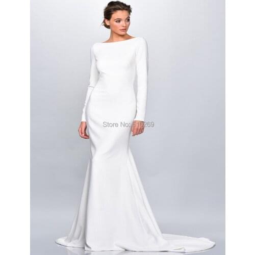 Real Photos Vestido De Noiva Sereia Bridal Gowns Wedding Dress Boatneck Crepe Long Sleeve Plunging Illusion Back Buttons Custom