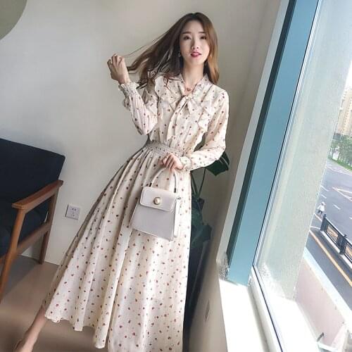 2020 Autumn Floral Printed Thick Plush Dress Winter Long Sleeve Bow Collar Bottoming Dress Korean Slim Fit Plus Size Vestidos