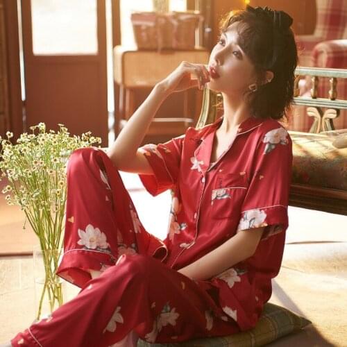 Red Satin 2PCS Women Pajamas Suit Summer New Short Sleeve Pant Nightwear Spring Autumn Flower Print Sleepwear Loose Home Wear