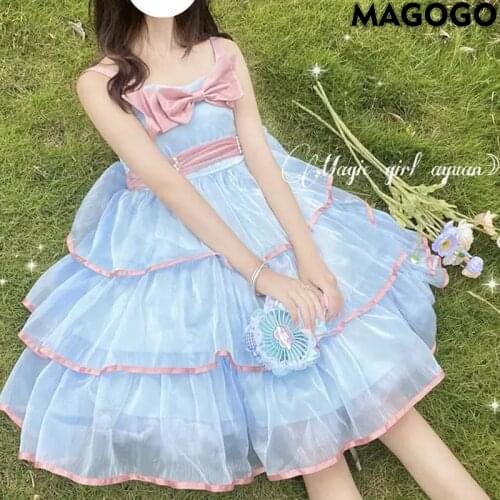 MAGOGO Suspender Cake Dress Female Summer New Sleeveless Party Sweet Cute Bow Strap Lolita Dress One Size