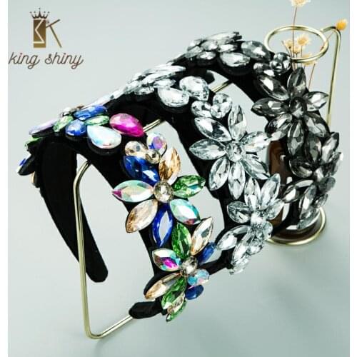 Spring New Design Baroque Multi Color Crystal Flower Headband Exaggerated Floral Black Velvey Hairband Girl Party Hair Accessory