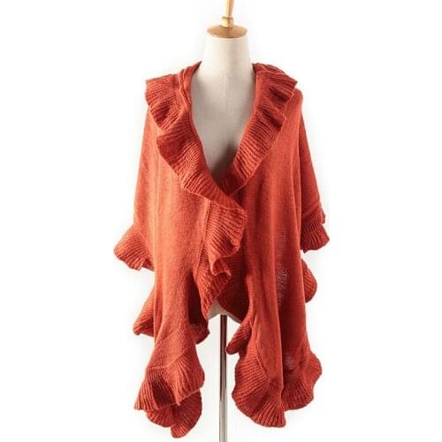Luxury Orange Red Long Ruffled Knitted Shawl Scarf Handmade Crocheted Ponchos and Capes Lotus Wrap Shawl Pashmina Stole Tops