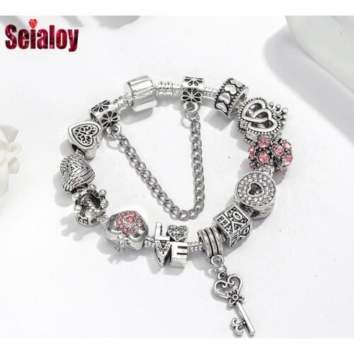 Seialoy Silver Plated Heart Key Pendant Charm Bracelets For Women Original Girls Princess Crown Beaded Bracelet Wife Jewelry