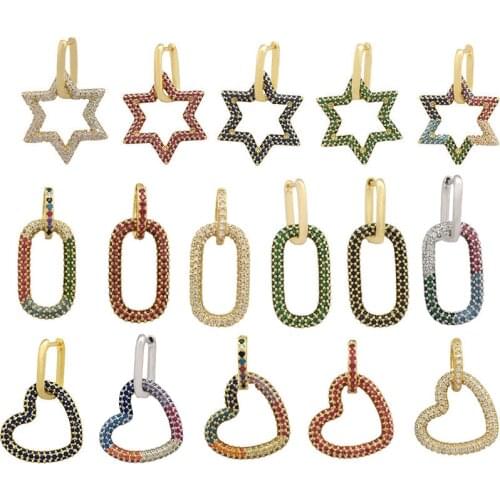 QMHJE Star Heart Hoop Earrings for Women Geometric Earring Rainbow CZ Jewelry Gold Silver Color Hoops Oval Rectangle Stone White