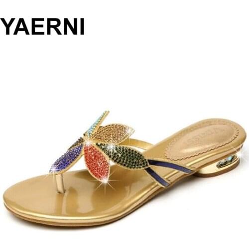 YAERNI Elegant Leave Design Crystal Flat Shoes Summer Womens Casual Flip Flop Slippers Fashion Female Rhinestone Slides