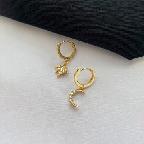 Minar Cute Silver Gold Color Moon Star Dangle Earrings for Women Ladies Asymmetry Geometric Pendant Earrings Sweet Accessories