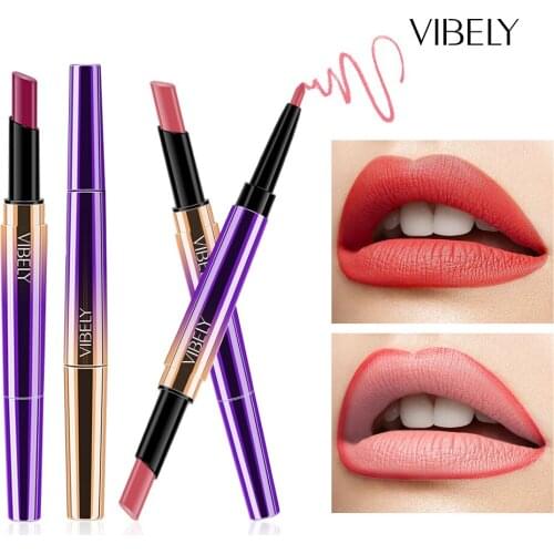 VIBELY 1pc Double Head Matte Lipstick and Lipliner Set Automatic Rotary Lip Pen Easy To Wear Longlast Make Up Beauty Lips Tool