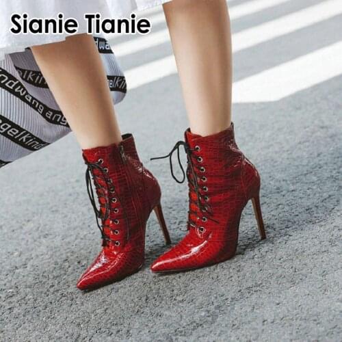 Sianie Tianie patent PU leather fashion woman shoes super thin high heels ankle boots for women red white lace up martin boots