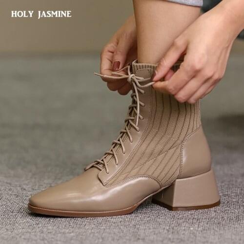 Women Shoes Genuine Leather Lace-Up Women Ankle Boots Square Toe High Heels Casual Concise Shoes Woman 2021 Autumn Winter New