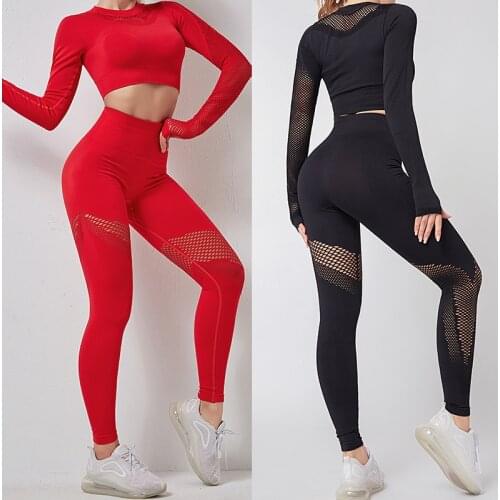 Women Seamless Yoga Set Gym Clothing Fitness Leggings Long Shirts Sport Suit Women Long Sleeve Tracksuit Active Wear GYM Pants