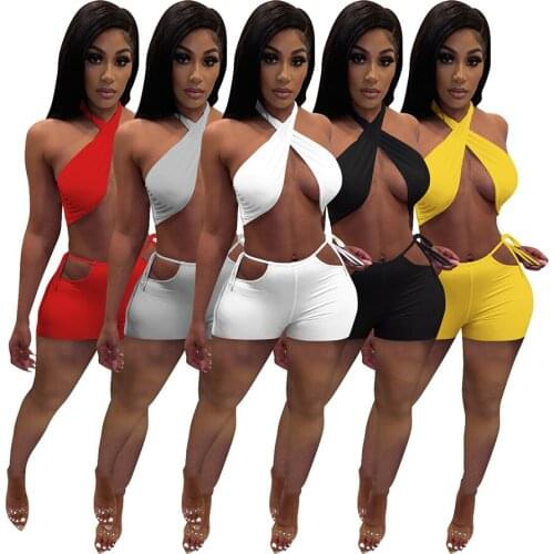 Echoine Summer Denim Matching Set Sexy Lace Up Halter Bra Backless Crop Top Cross Bandage Shorts Set Two Piece Set Party Outfits