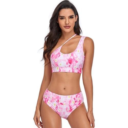 Womens Bikinis Suit Tie Dye One-Shouder Feminine Summer Swimsuits Set Large Size Woman 2 Pieces High Waist Tankini Beachwear