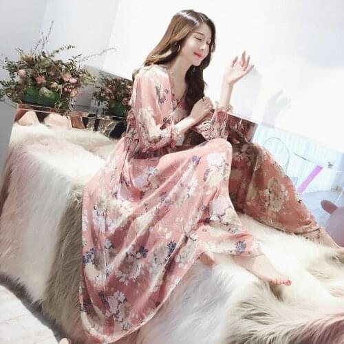 2020 Autumn Winter Chiffon Dress Women Vintage Floral Printed Lady Bottoming Dress V Neck Slim Fit Korean Style Long Vestidos