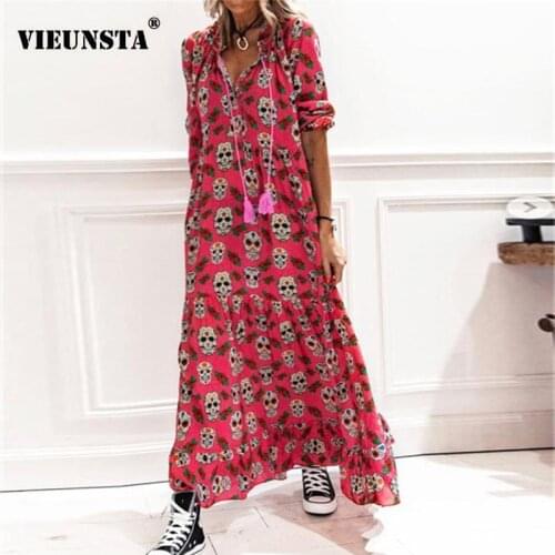 Women Vintage Skull Printed Long Party Dress 2021 Summer V Neck Tassel Loose A-Line Dress Spring Drawstring Long Sleeve Dresses