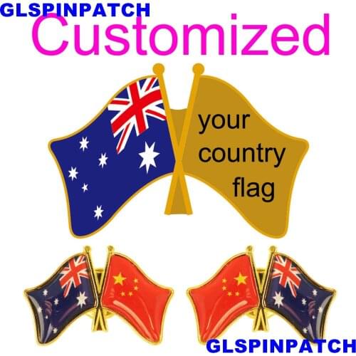 Australia Crossed Friendship Flag Double Country lapel pin Brooch USA UK France Chile Russia Saudi Arabia Japan Spain Badge
