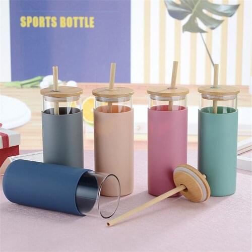 450ml ins wind Glass Straw Cup High Borosilicate Glass Water Bottle with Silicone Protective Sleeve Bamboo Lid - BPA