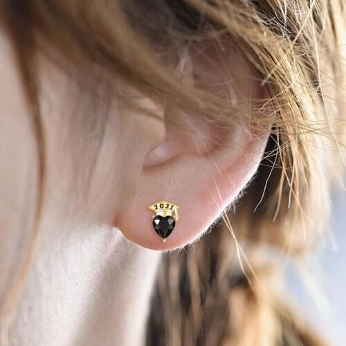 80%HOTWomen Cubic Zirconia All-match Heart Shape 2021 Engraved Stud Earrings Graduation Gift for Party