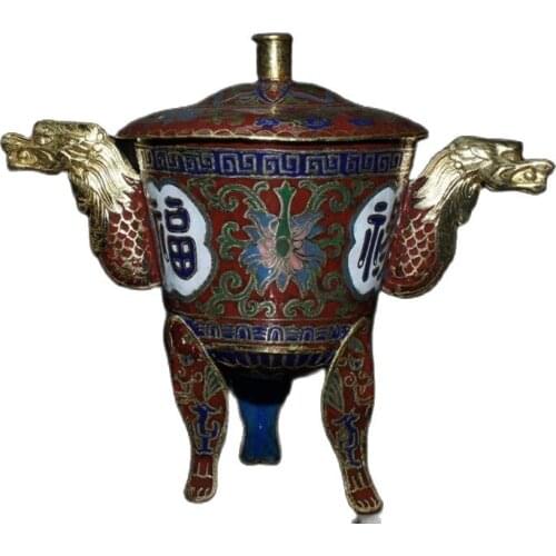 Antique (collection of three legged incense burner with red copper body and cloisonne for silk and longevity)