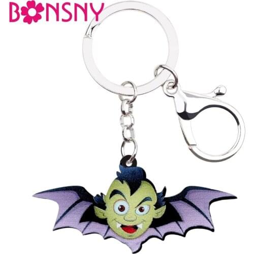 Bonsny Acrylic Halloween Happy Demon Bat Wing Key Chain Keychain Ring Novelty Decoration Jewelry For Women Girls Bag Charms 2018