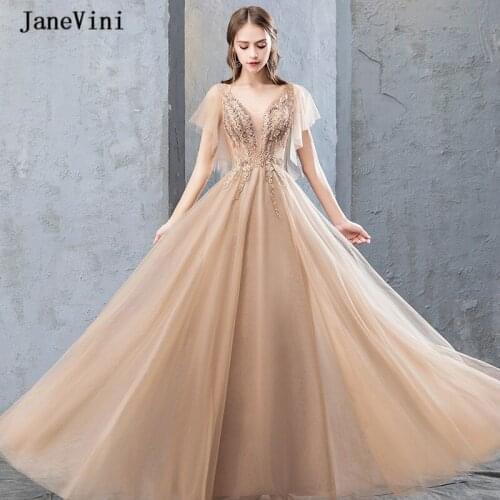 JaneVini 2020 Elegant Champagne Long Prom Dresses V Neck Appliques Beaded Backless A Line Floor Length Plus Size Dress Customize
