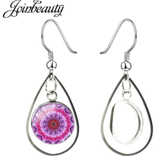 JOINBEAUTY Pink Red Flower Elegant Sacred Geometry Teardrop Earrings Handmade Hollow Out Water Pendant Earrings Gifts HN551