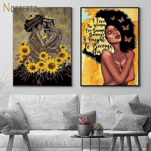 European Canvas Painting Black Women Couple Poster King and Queen African Pride Sunflower for Art Home Rooms Wall Decoration