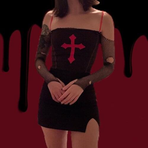 Gothic Cross Print Camis Summer Harajuku Lace Up Black Crop Tops Streetwear Sexy Bodycon Backless Lace Trim Tank Tops