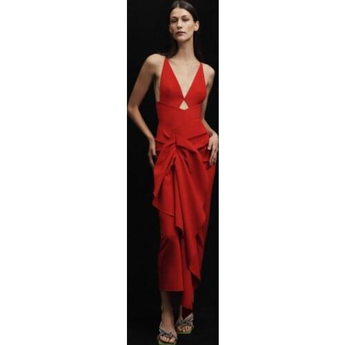 HQBORY 2021 Summer Women Bandage Dress Yellow&Red Deep V Neck Ruffle Bodycon Full Length Dress for Party Wedding Night Club