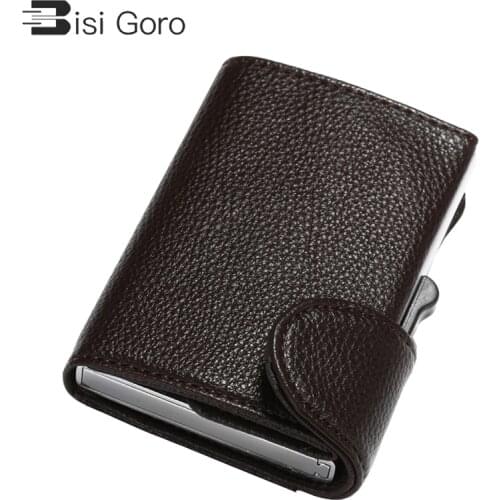BISI GORO 2021 Smart Wallet RFID Single Safety Box Credit Card Holder Vintage PU Leather Soft Men and Women Pop Up Card Wallet