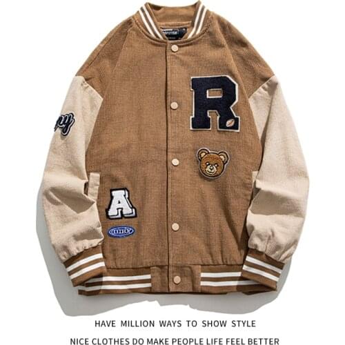 New Arrival Autumn And Spring Patchwork Cute Bear Embroid Corduroy Womens Baseball Varsity Jacket Unisex Mens Bomber Coat Chic