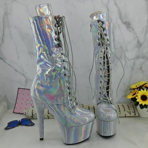 Leecabe Silver holo 17CM/7inches Pole dancing shoes High Heel platform Boots Pole Dance boot