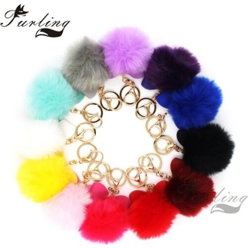 Furling 12pcs Fashion 8cm Faux Fur Pom pom Ball Key Ring Soft Gold Metal Pendant Keychain Hand Bag Charm Accessory Gift