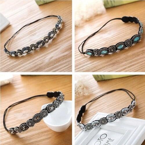 Fashion Scrunchies Elastic Hair Band Bow Hair Ropes Bohemian Turquoise Beaded Rhinestone Elastic Headband for Women Handmade Hot