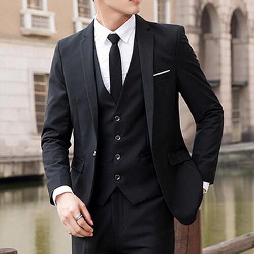 Fashion Men Blazers Pants Vest Sets Casual Business Suit Solid Color Lapel Collar Coat Vest Long Pants Wedding Slim Suit Set