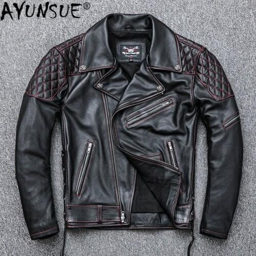 AYUNSUE Real Cow Leather Jacket Men Motorcycle Genuine Leather Coat Cowhide Biker Mens Genuine Leather Jackets 2020 KJ4729