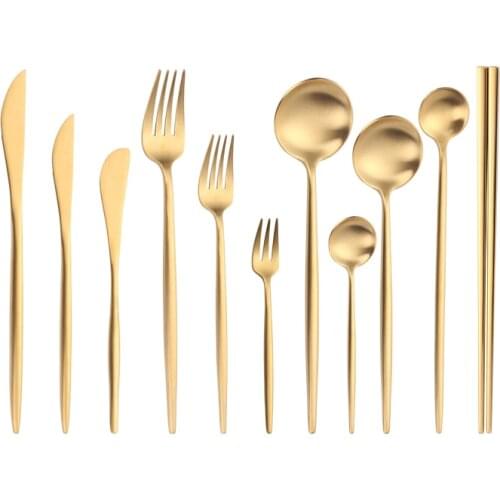 Gold Matte Cutlery Set 304 Stainless Steel Dinnerware Flatware Kitchen Fork Spoon Knife Chopsticks Set SilverwareTableware Set