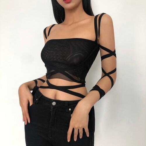 New Style Womens 2021 Solid Color Black Mesh Lace Tie Crop Top Navel Fashion Navel Y2k Sling Spring and Summer Sexy Small Vest