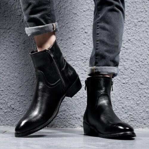 Autumn and Winter 2021 New PU Leather Men Boots British High Top Boots Pointed Fashion Martin Boots Mens Shoes Sell Well AQ035