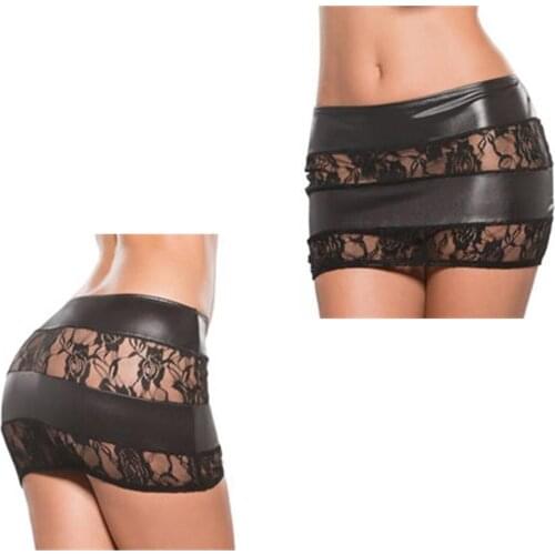 Sexy Lingerie Faux Leather Lace Short Mini Skirt Semi See Through Bodycon Mini Dress Nightclub Dance Costume